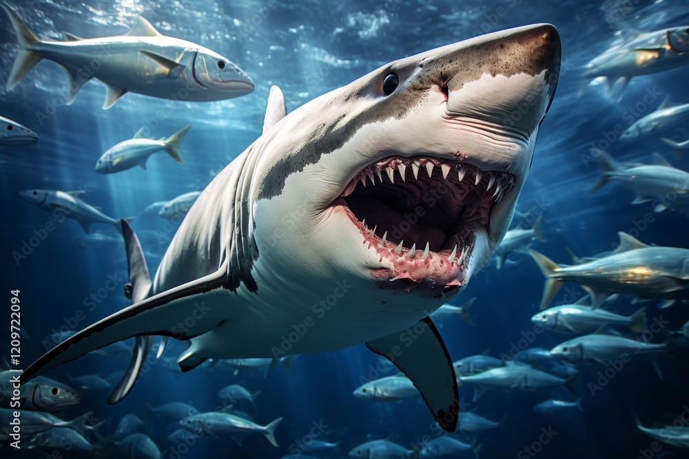 Naklejka premium A majestic megalodon shark surrounded by a school of smaller fish in the ocean depths