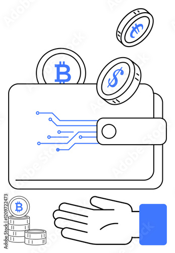 Digital wallet containing Bitcoin and dollar coins, hand holding coins, blockchain circuits. Ideal for finance, technology, cryptocurrency, blockchain, digital security, online transactions fintech