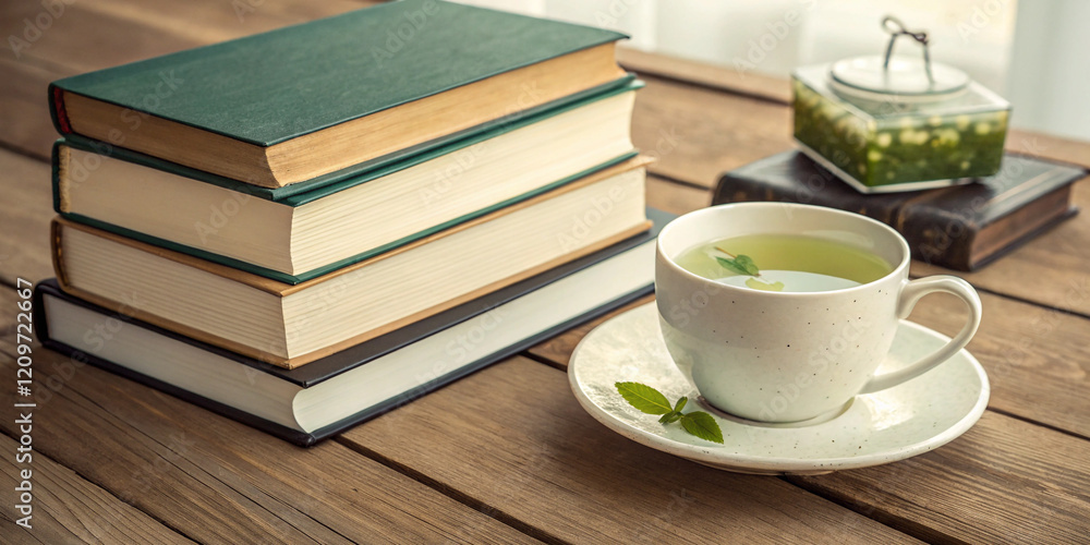 A Cozy Scene of Stacked Books and a Cup of Spring Tea on a Wooden Table, Inviting Relaxation A Cozy Scene of Stacked Books and a Cup of Spring Tea on a Wooden Table, Inviting Relaxation