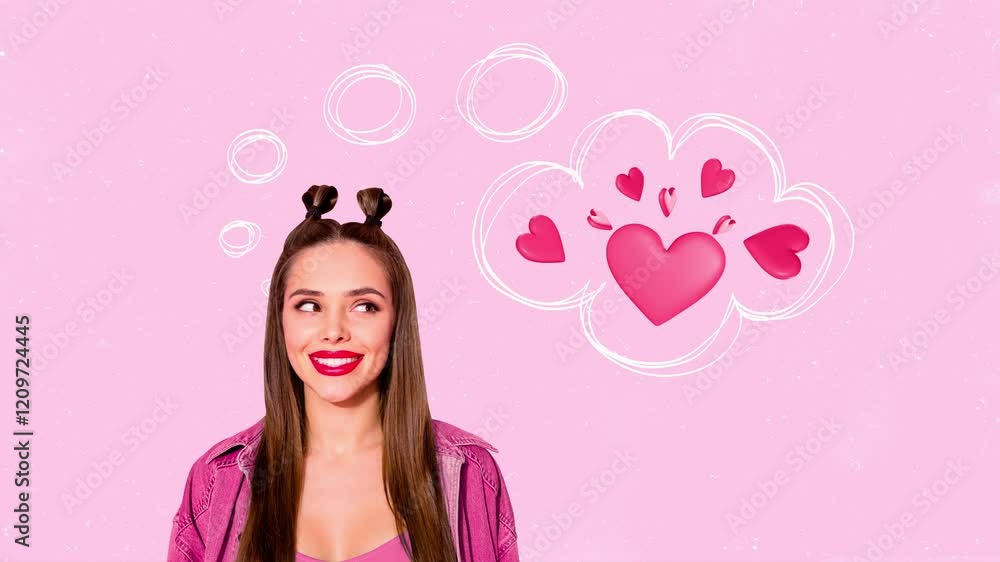Motion poster trend art collage video of happy dreamy girl think date heart 3d cloud sympathy relationships affection Motion poster trend art collage video of happy dreamy girl think date heart 3d cloud sympathy relationships affection