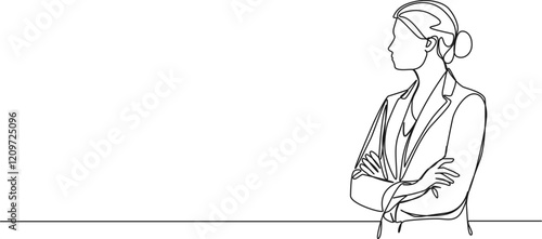 continuous single line drawing of businesswoman standing with arms crossed, line art vector illustration