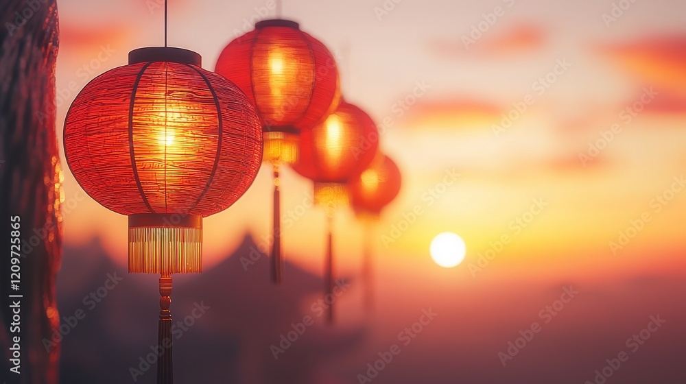 Obraz premium Red Lanterns Against a Serene Sunset Sky, Chinese New Year Festival