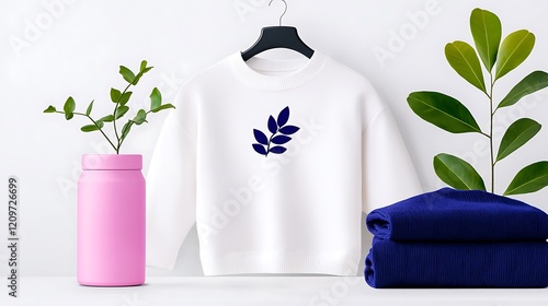 Wallpaper Mural White sweatshirt with navy blue leaf embroidery Torontodigital.ca