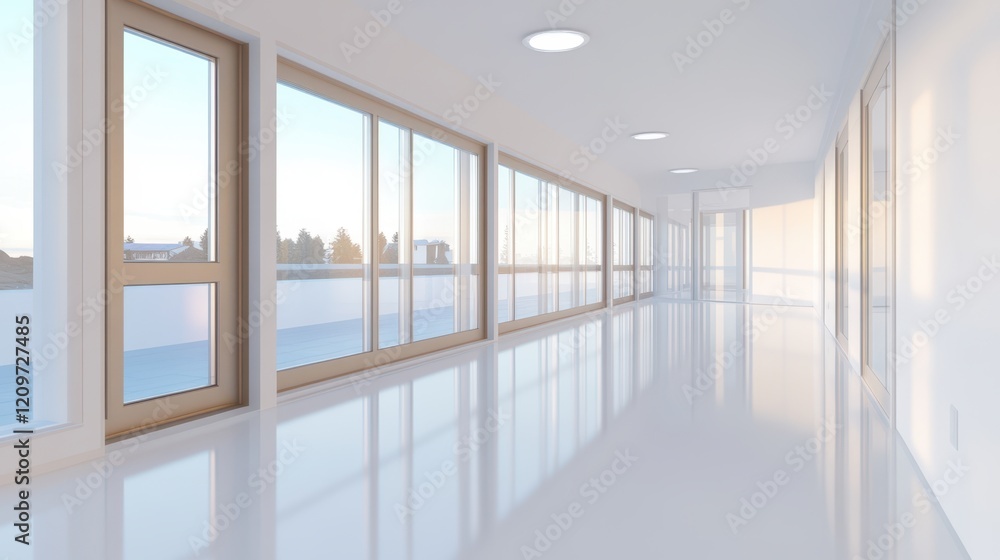 Fototapeta premium A spacious hallway featuring numerous windows, offering a picturesque view of the water, enhancing the ambiance with natural light and tranquility.