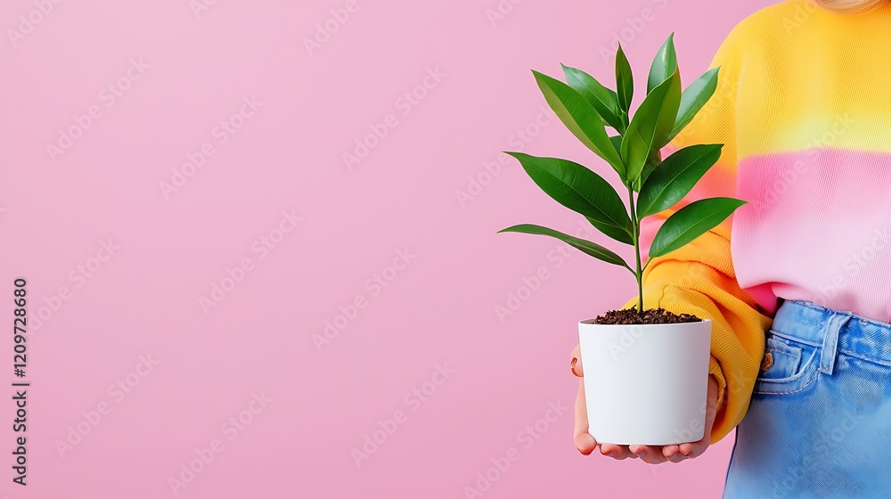 custom made wallpaper toronto digitalWoman Holding Potted Plant Against Pink Background