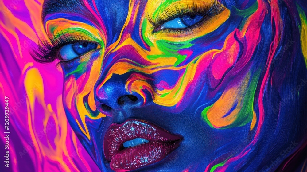 Fototapeta Close-up of a Woman's Face with Neon Makeup