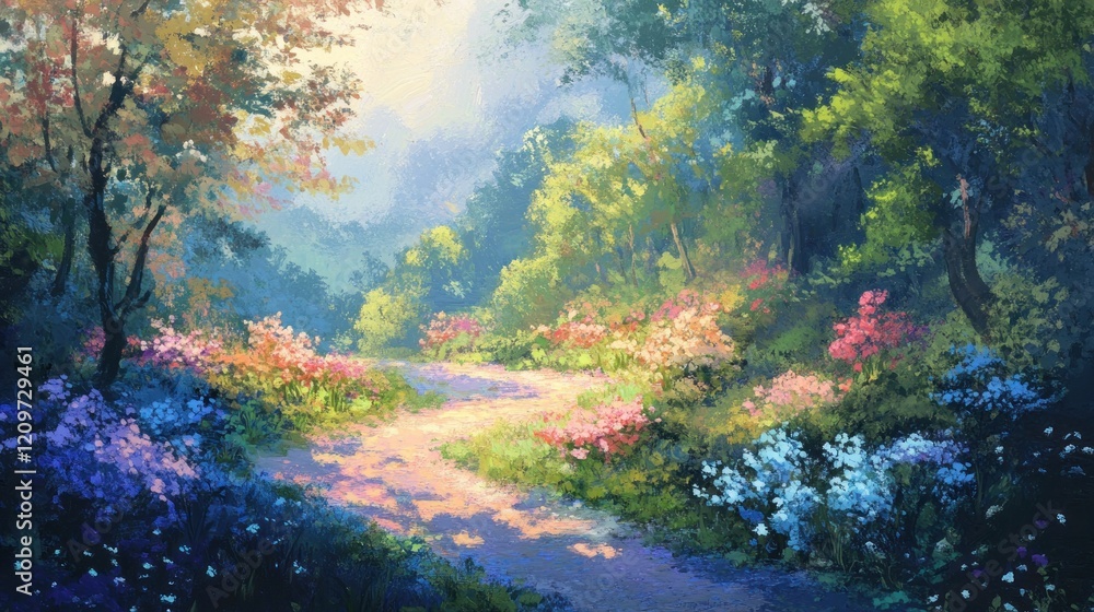 Sunlit Path Through A Flowery Forest Sunlit Path Through A Flowery Forest