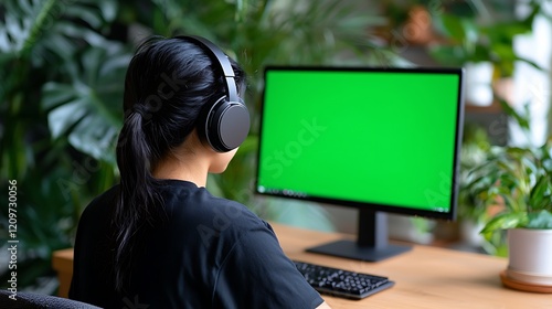Wallpaper Mural Woman with Headphones Working at Computer with Green Screen Torontodigital.ca
