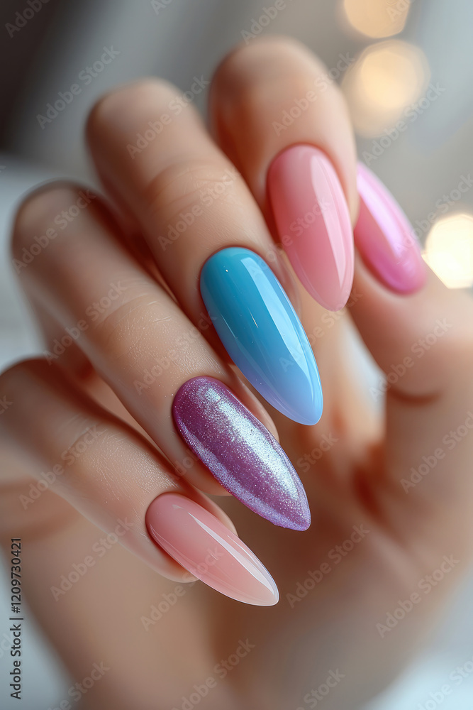 A girl hand with a fresh manicure in soft pastel colors. Focus on five perfectly styled nails on a light, textured background.