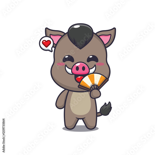 boar mascot cartoon character vector illustration with hand fan.