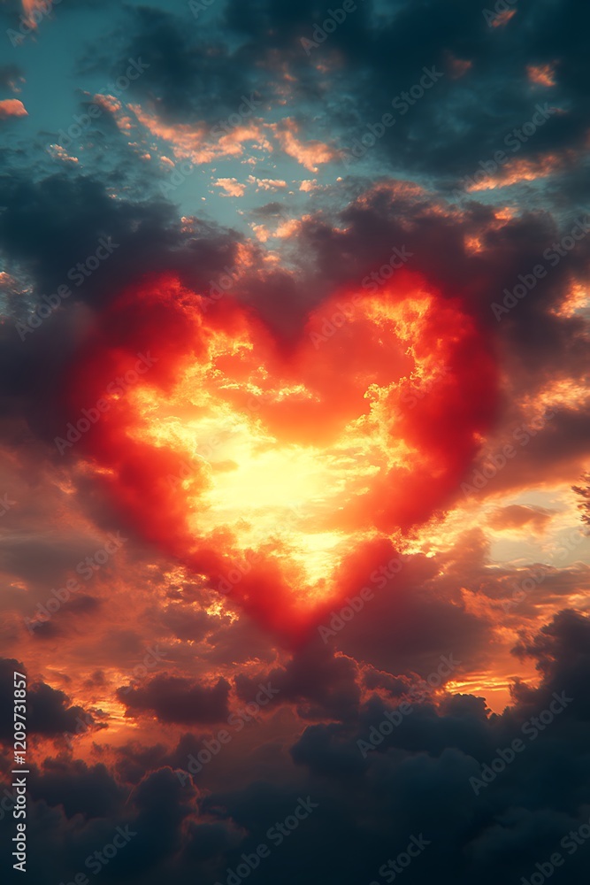 Fototapeta premium Fiery heart-shaped cloud at sunset.