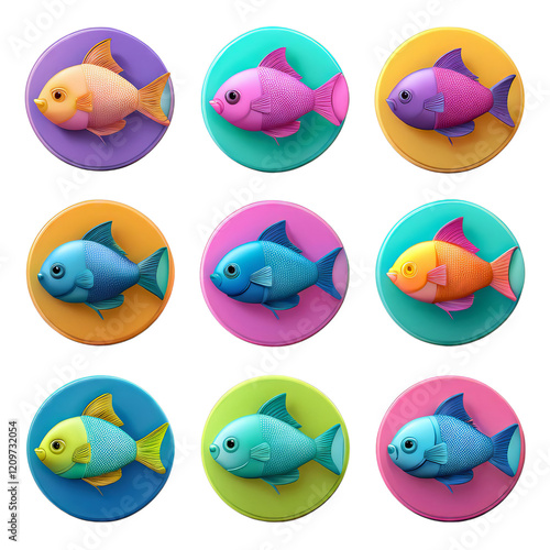 Colorful fish icons in circular backgrounds isolated on transparent background