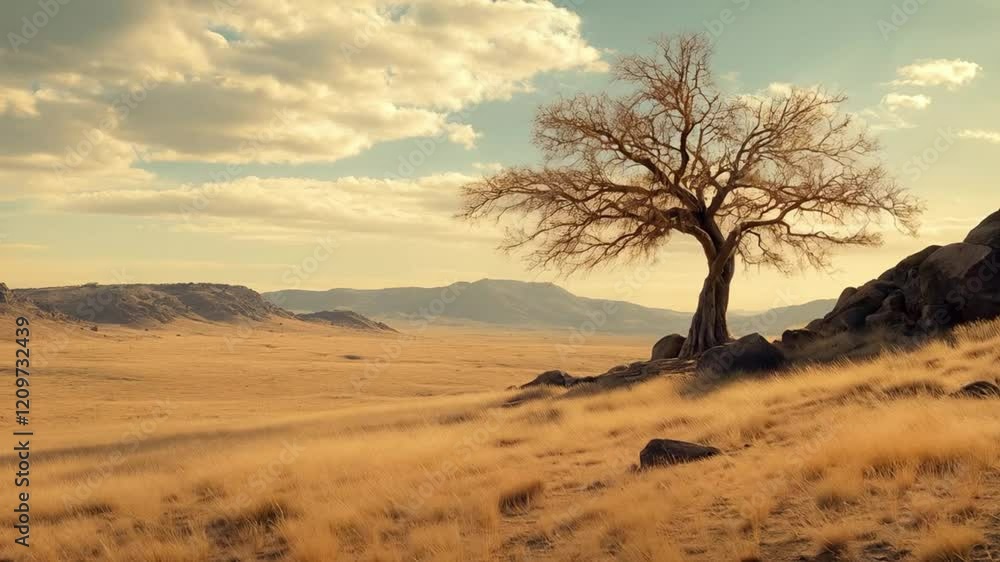 Scene of a view of a dry tree in the middle of a meadow video, smooth repeating motion for background video animation. Scene of a view of a dry tree in the middle of a meadow video, smooth repeating motion for background video animation.