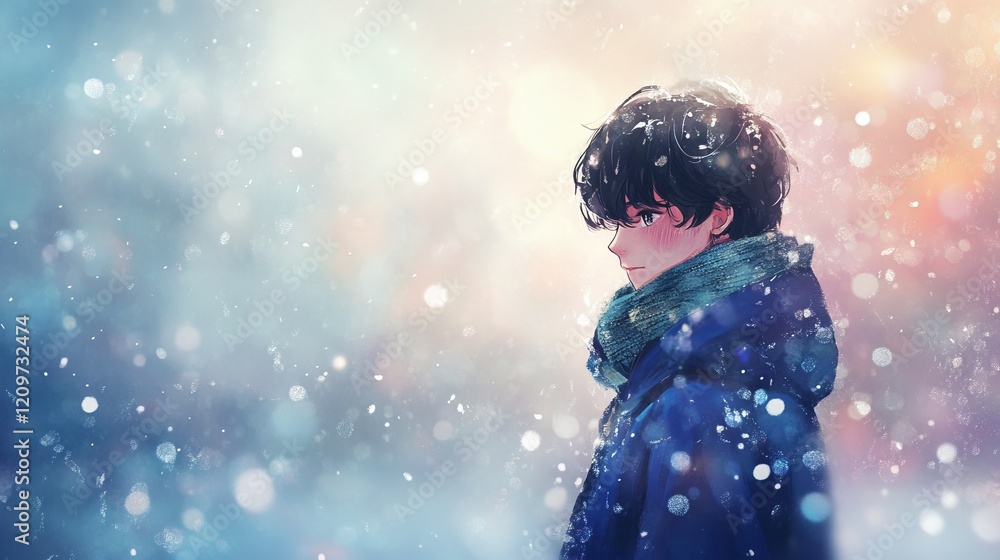 Fototapeta premium anime boy in blue coat standing under snowfall, soft pastel background, quiet and introspective mood