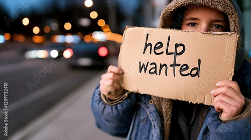 Wallpaper Mural Young Woman Seeking Employment Holds Help Wanted Sign at Night Torontodigital.ca