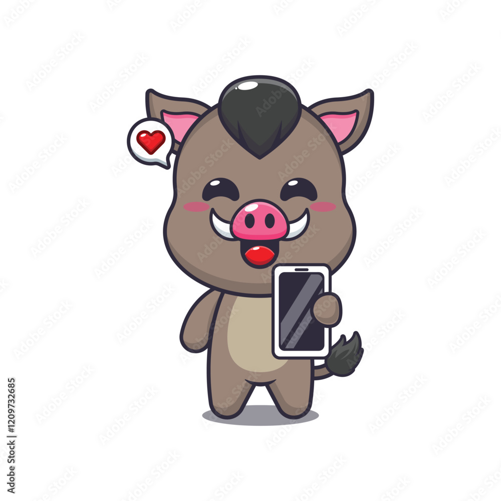 boar mascot cartoon character vector illustration with mobile phone. boar mascot cartoon character vector illustration with mobile phone.