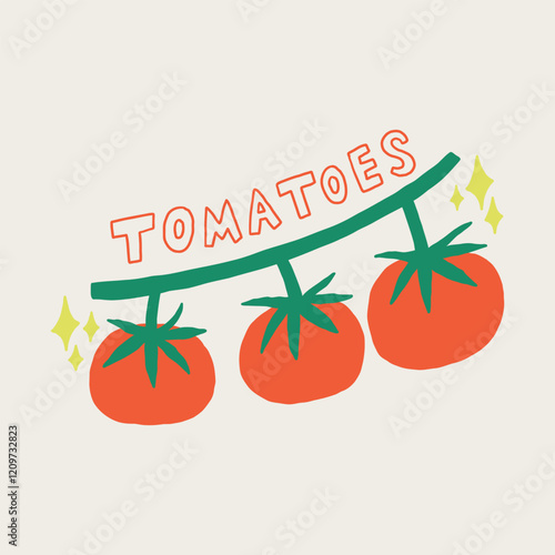 Tomato Branch with Stars Print. Cherry Tomatoes Vegetable. Hand Drawn Vector Illustration