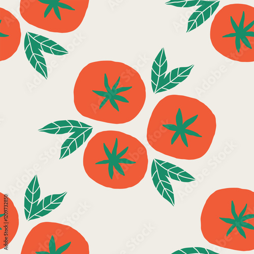 Tomato Top View with Leaves Seamless Pattern. Cherry Tomatoes Vegetable Wallpaper. Pomodoro Background. Vector Hand Drawn Surface Design