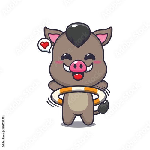boar mascot cartoon character vector illustration playing hula hoop.
