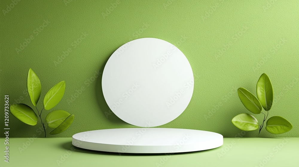 A floating white circular podium on a pastel green background, ideal for presentations A floating white circular podium on a pastel green background, ideal for presentations
