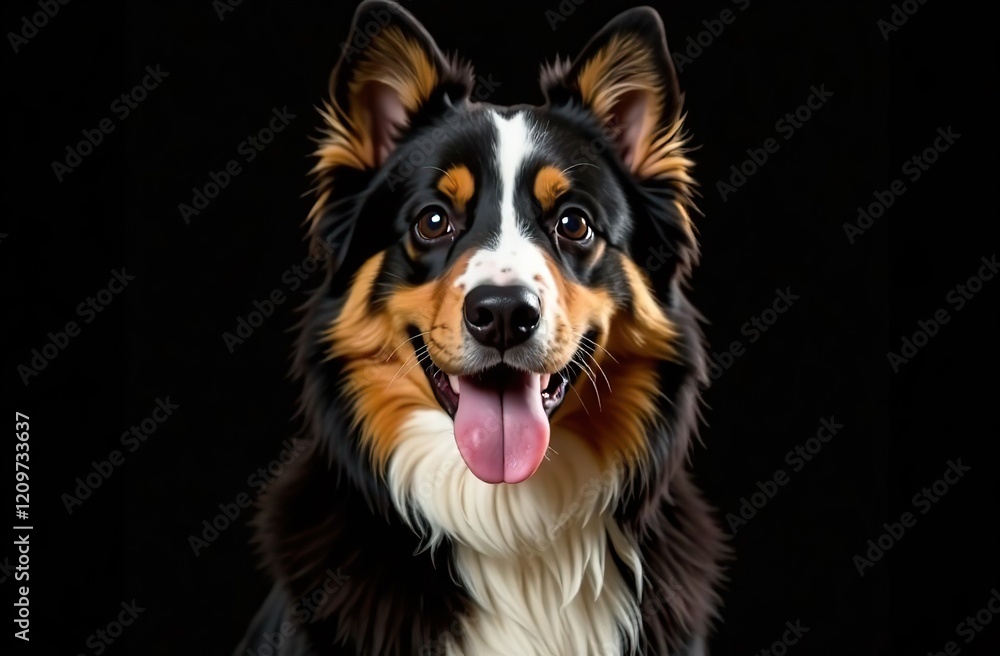 Fototapeta premium Cute Australian Shepherd dog with paint roller on black background, closeup