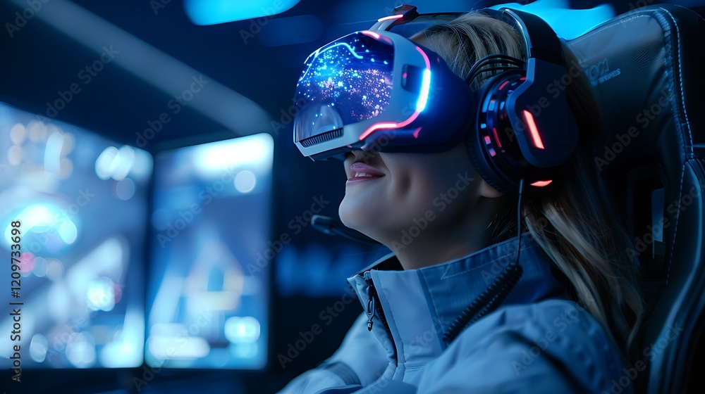 Woman enjoys immersive VR gaming experience in futuristic setting Woman enjoys immersive VR gaming experience in futuristic setting