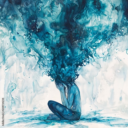 mental health concept. blue watercolor illustration of a tormented seated woman