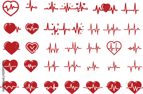 Red heartbeat line collection with heart symbol, cardiology, medical pulse, ECG, EKG design, healthcare clipart vector illustration, health monitoring, digital heartbeat graphics