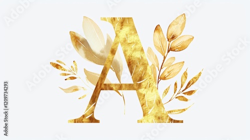 Elegant Gold Letter A with Watercolor Leaves and Floral Design