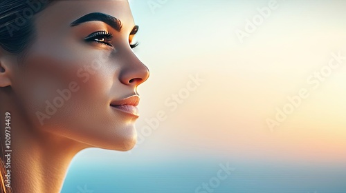 Women leadership idea. Serene profile of a woman against a vibrant sunset backdrop, capturing peaceful beauty. photo