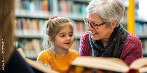 Child and Senior Reading Books in a Library Together with Bookshelves Background View