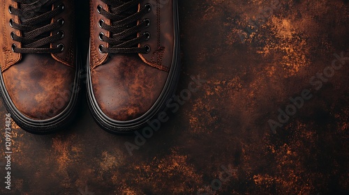 High-top sneakers on a deep brown backdrop, ample copy space on the bottom photo