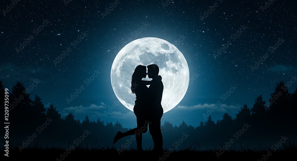 Romantic silhouette under a full moon at night
