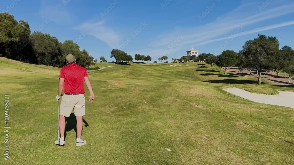 A golfer in a red shirt prepares to take a shot on a sunny golf course, with trees, a sand bunker, and a clubhouse in the background. A golfer in a red shirt prepares to take a shot on a sunny golf course, with trees, a sand bunker, and a clubhouse in the background.