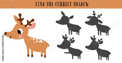 Find the correct shadow maze game puzzle exercise for kids. Forest deer antler childish cub educational illustration printable page.