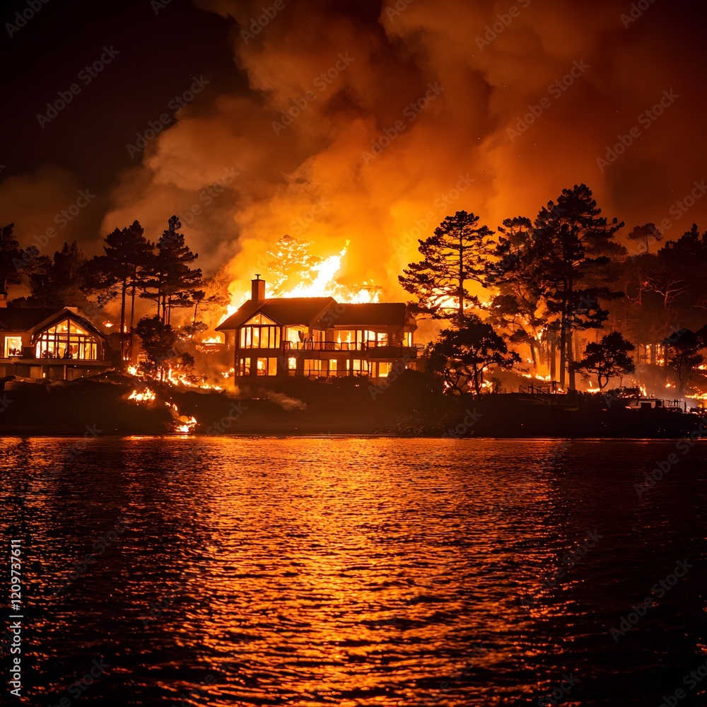 Night wildfire engulfing lakeside homes Night wildfire engulfing lakeside homes