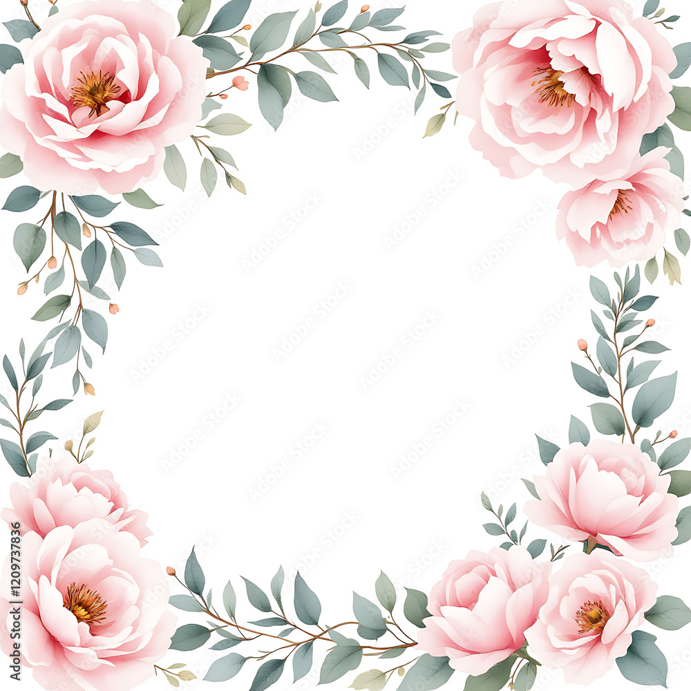 Elegant Floral Frame Featuring Soft Pink Peonies Surrounded by Lush Greenery and Leaves Elegant Floral Frame Featuring Soft Pink Peonies Surrounded by Lush Greenery and Leaves