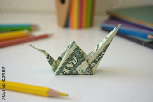 A dollar bill folded into an origami shape on a desk. Surrounding it are art supplies like pencils and paper photo