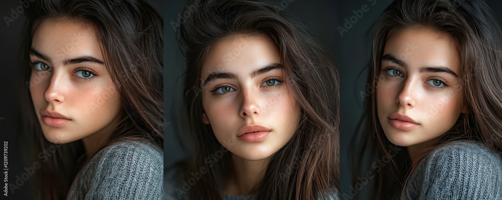 Portrait of a young woman with natural makeup and confident energy. Portrait of a young woman with natural makeup and confident energy.