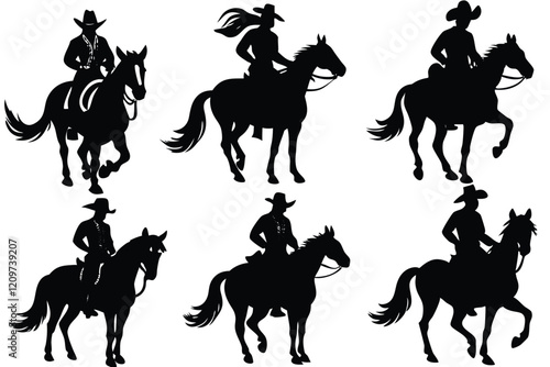 a set of cowboy figure silhouette in horse