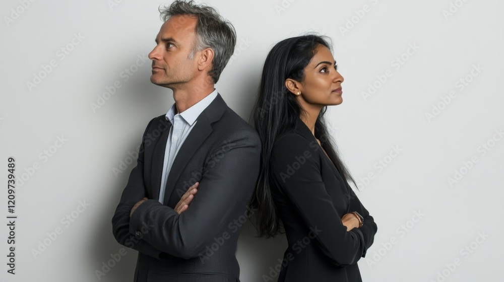 a white man and an Indian woman, corporate photo, looking away from the camera, studio shot, light background a white man and an Indian woman, corporate photo, looking away from the camera, studio shot, light background