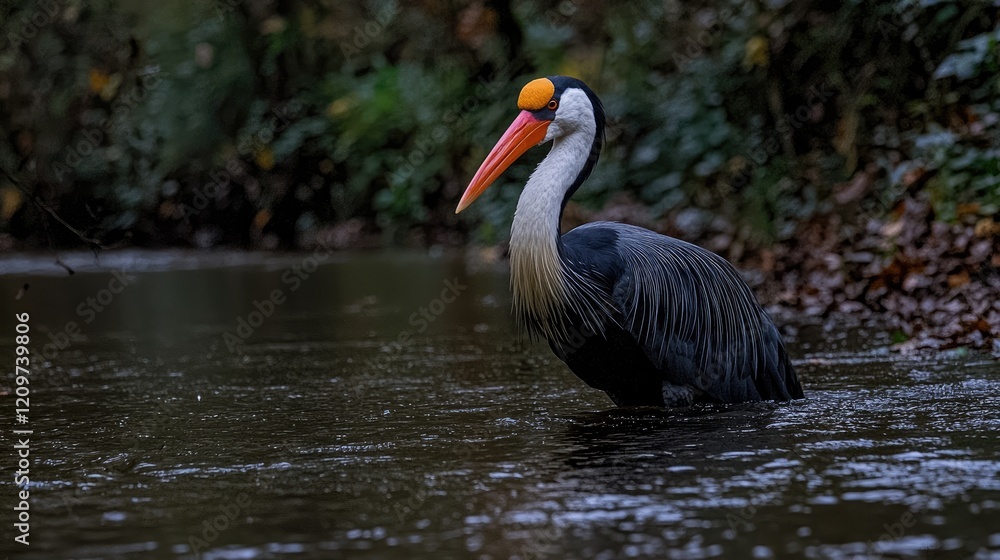 Fototapeta premium A large exotic bird with a bright orange beak and yellow head casque stands in a dark, quiet river surrounded by dense forest foliage.