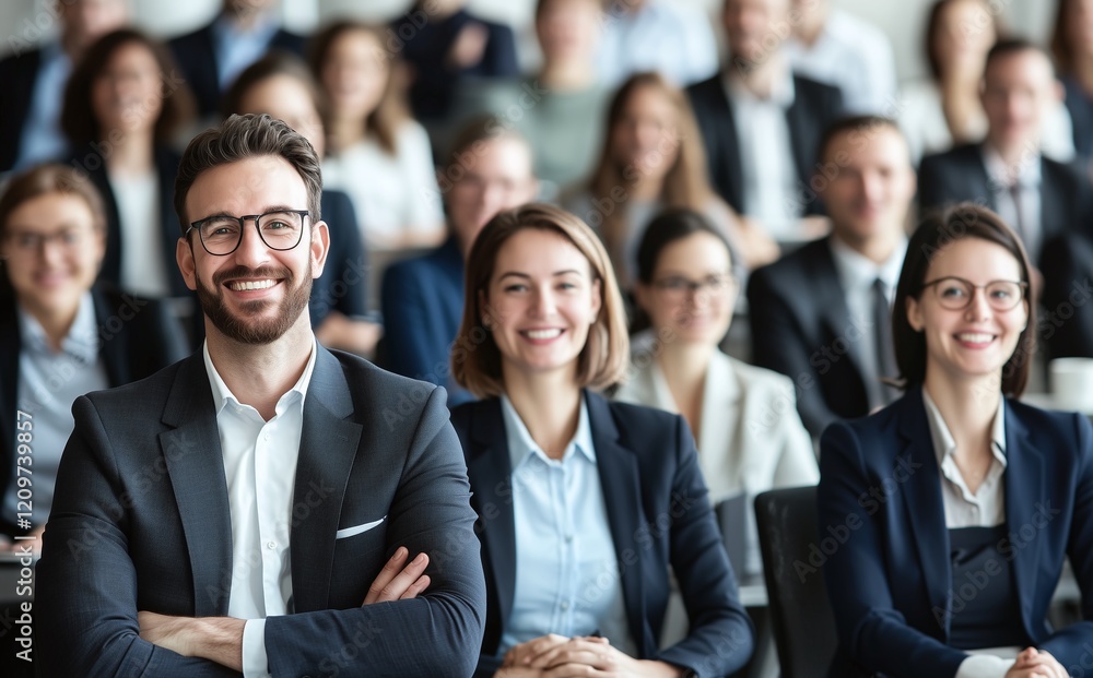 A diverse group of professionals in formal attire smiling at a seminar, showcasing teamwork, confidence, and success in a business setting. A diverse group of professionals in formal attire smiling at a seminar, showcasing teamwork, confidence, and success in a business setting.