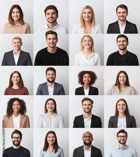 Obraz na płótnie A diverse group of twenty smiling professionals posed against plain backgrounds, showcasing diversity and positivity in the workplace. w salonie