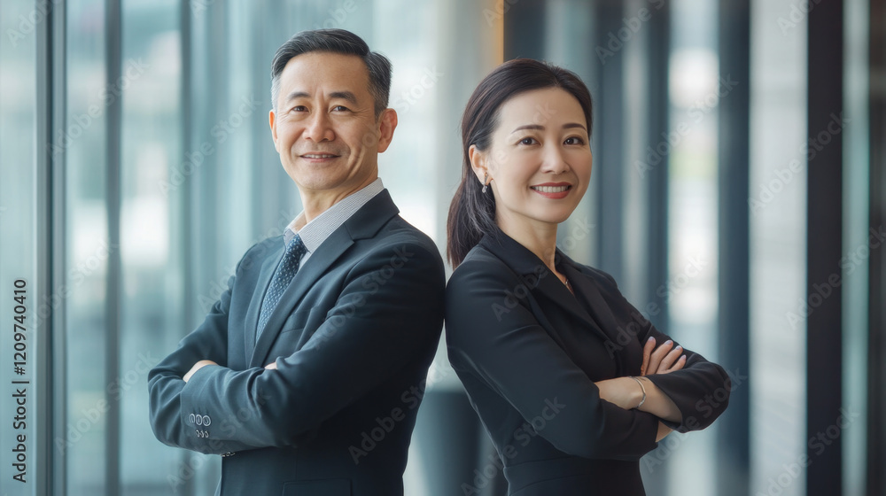 Successful business partners smiling in modern workspace Successful business partners smiling in modern workspace
