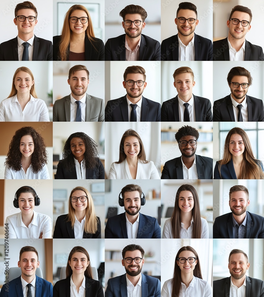 Diverse group of professionals smiling in a collage, showcasing teamwork, positivity, and corporate environment in modern business attire. Diverse group of professionals smiling in a collage, showcasing teamwork, positivity, and corporate environment in modern business attire.