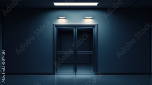 The dark hallway with bright lights above the double doors reflecting on the polished floor creates a mysterious atmosphere. 
