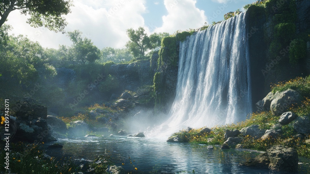 Naklejka premium Tranquil Waterfall in a Lush Forest