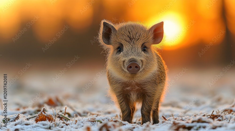 Cute wild boar piglet sunset forest winter Cute wild boar piglet sunset forest winter