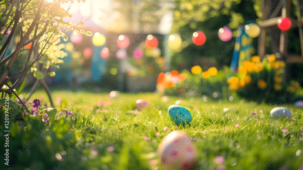 Easter eggs in a garden with festive decorations Easter eggs in a garden with festive decorations